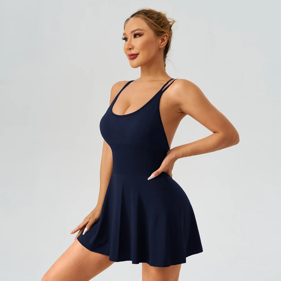 Seamless Spaghetti Strap Tennis Dress with Built-In Shorts — Slim Fit Sporty Mini