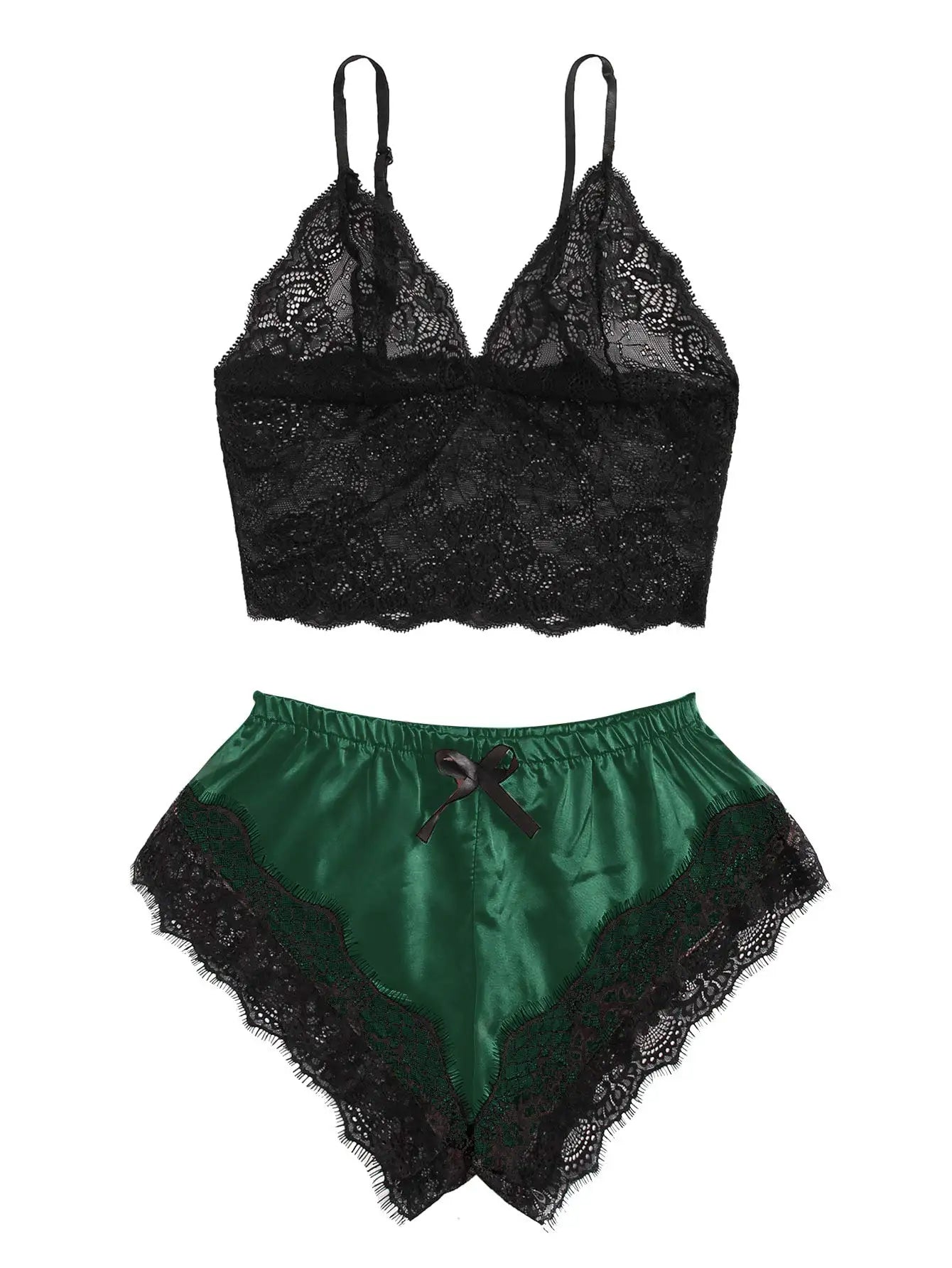 Women's Satin Lace Pajama Set — Cami Top & Shorts (Plus Size L–2XL)