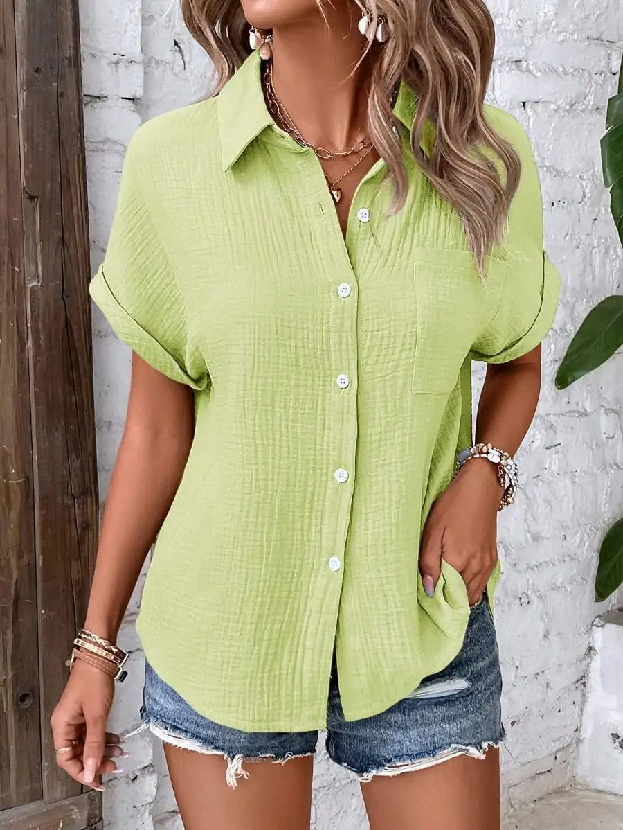 Women's Casual Cotton Blouse — Short Sleeve Button-Down Shirt