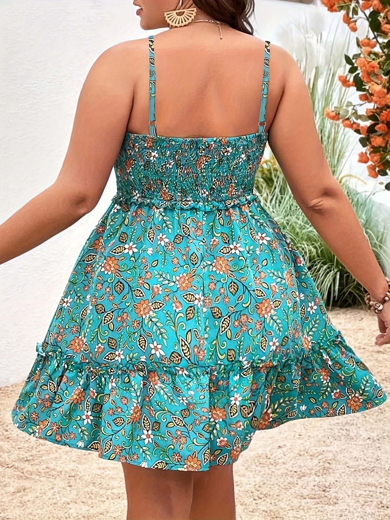 Women's Plus Size Floral Ruffle Sling Dress — Sleeveless Summer Midi
