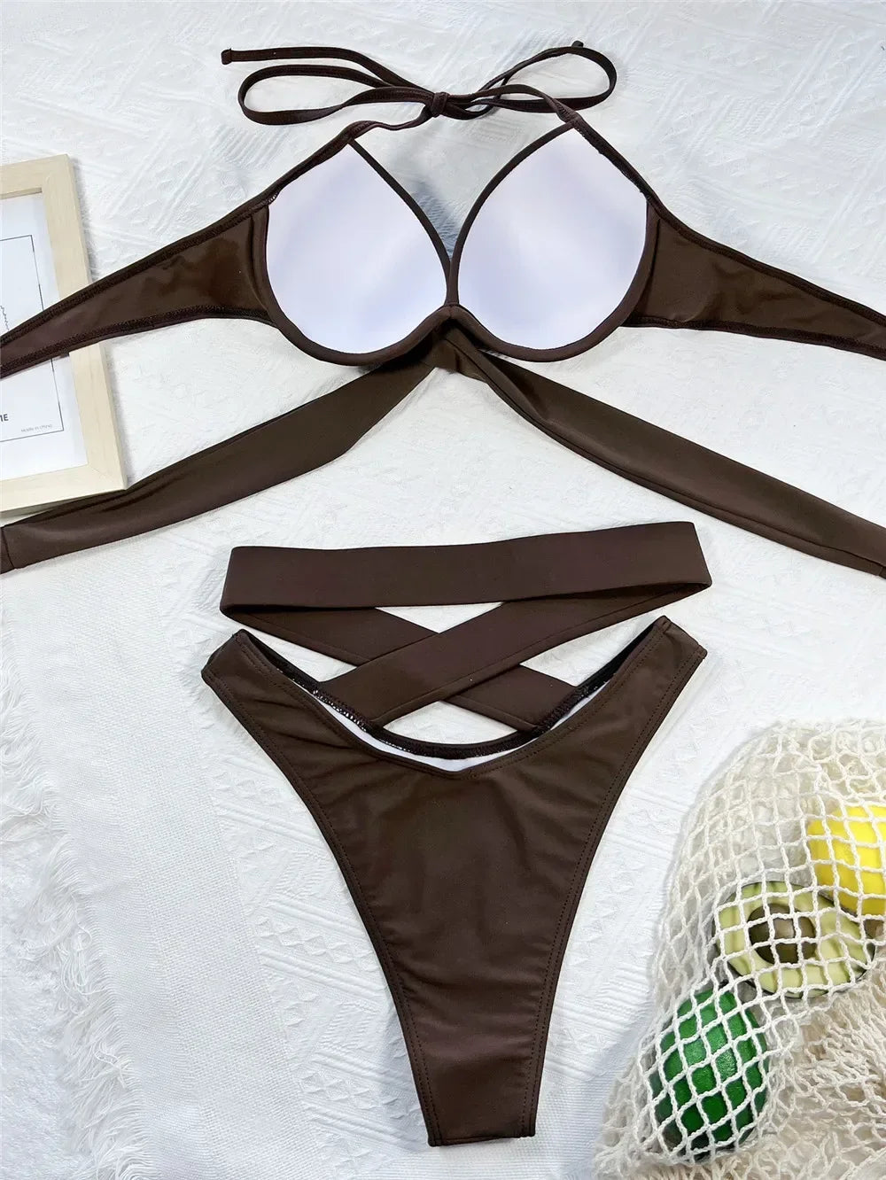 High Waisted Bandage Halter Bikini Set