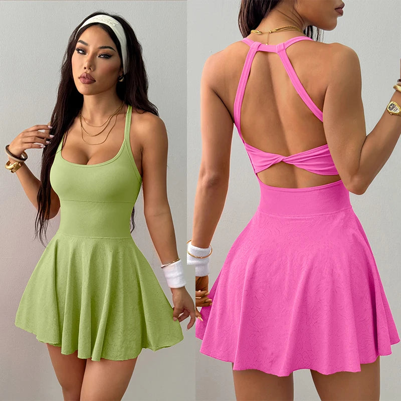 Quick-Dry Tennis Dress with Built-In Bra & Shorts — Sleeveless Backless Athletic Mini