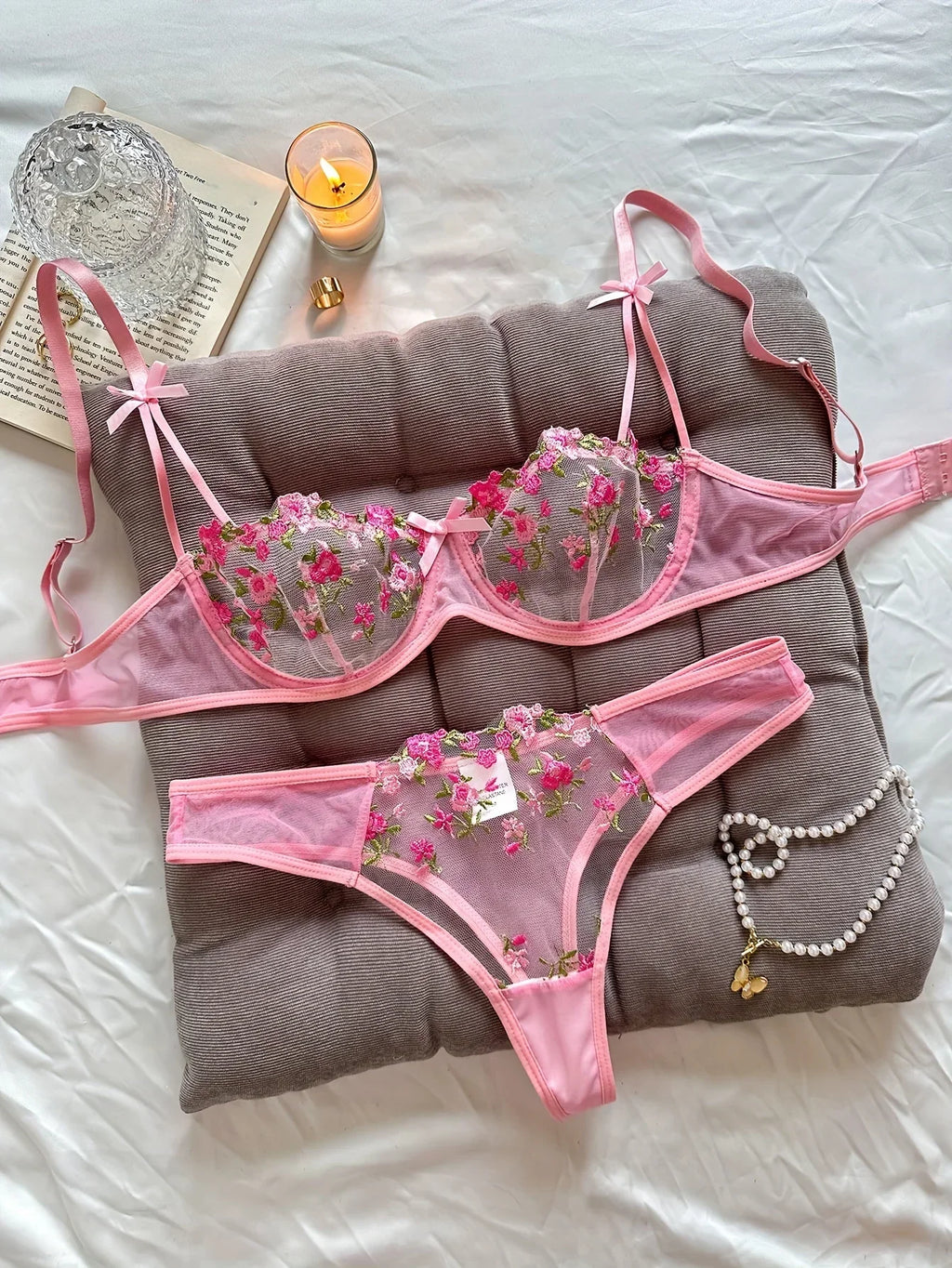Floral Embroidery Lingerie Set | Women's 2-Piece Underwire Bra & Underwear