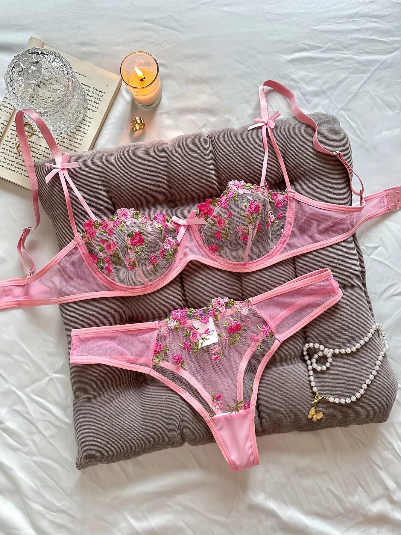 Floral Embroidery Lingerie Set | Women's 2-Piece Underwire Bra & Underwear