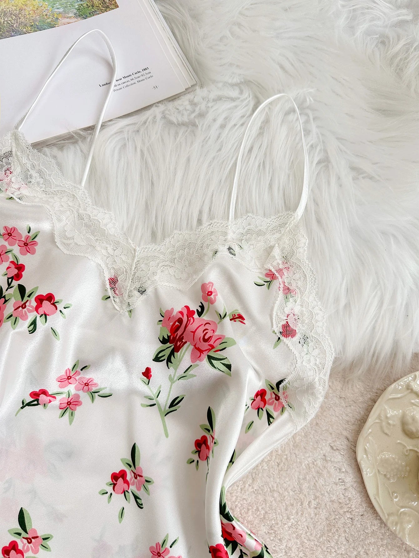 Women's Satin Lace V-Neck Top & Pants Pajama Set — Printed Two-Piece Sleepwear
