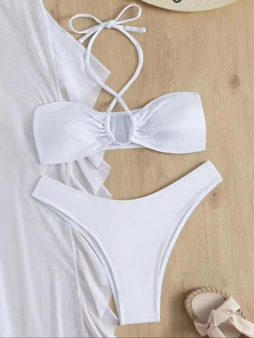 Criss-Cross Halter Bikini Set with Ruffle Cover-Up Pants | 3-Piece Swimwear