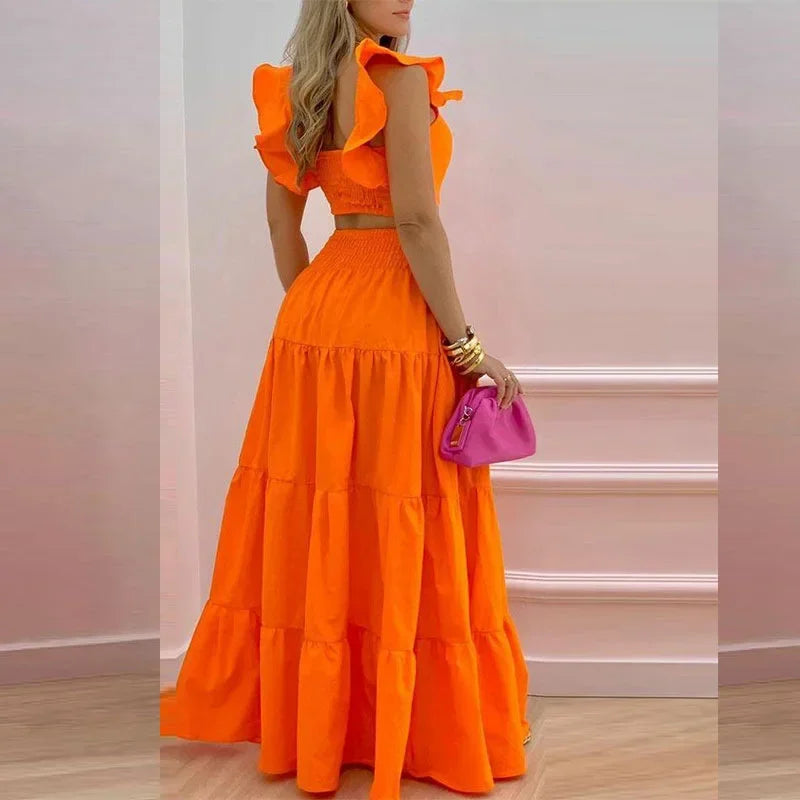 Women's Strapless Crop Top & Ruffle Maxi Skirt Two-Piece Set