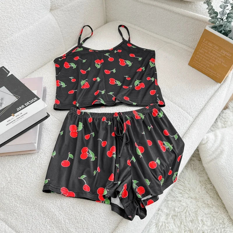 Women Casual Sleepwear Silk Top and Shorts Sets