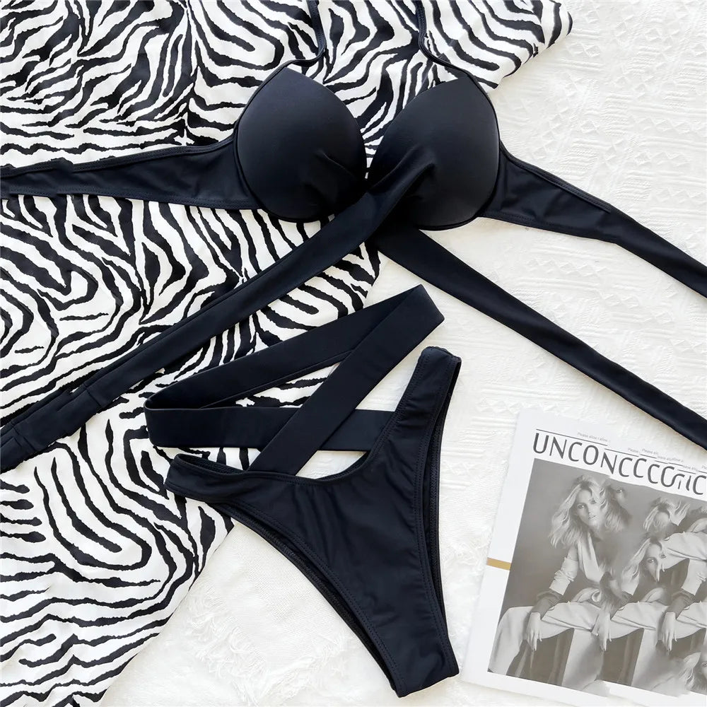 High Waisted Bandage Halter Bikini Set