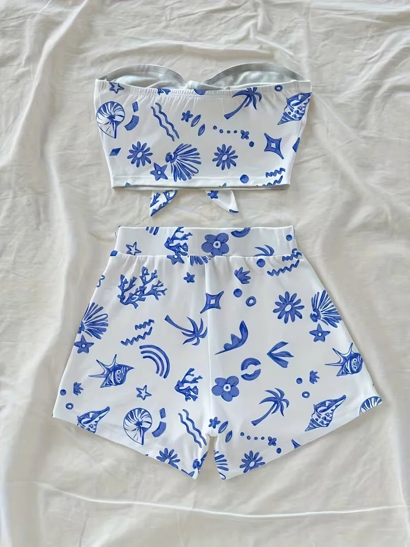 Women's summer casual beach style twisted front top and shorts two-piece set