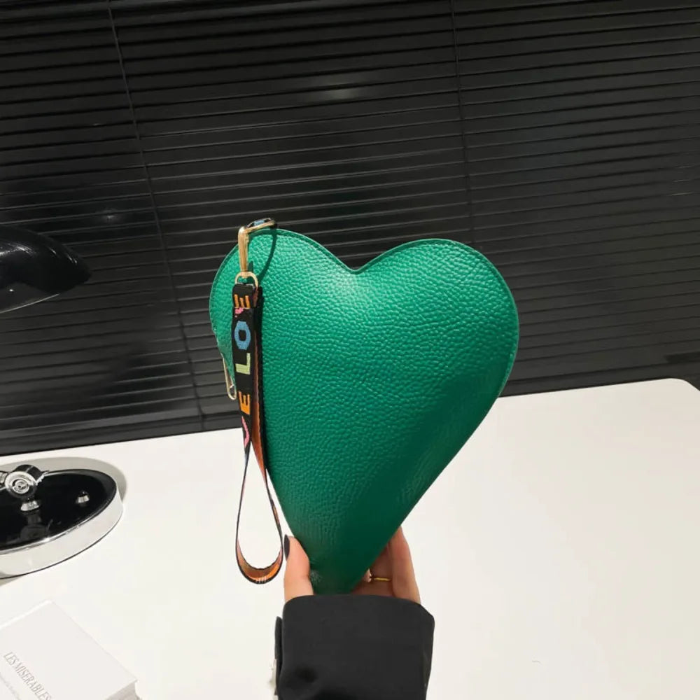 Women's PU Wrist Clutch Wallet — Heart-Shaped Zipper Coin Purse