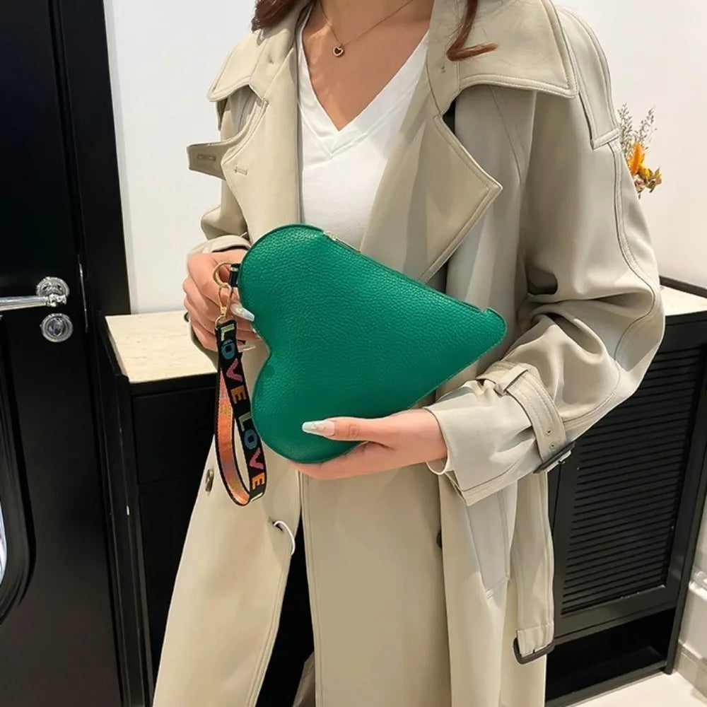 Women's PU Wrist Clutch Wallet — Heart-Shaped Zipper Coin Purse