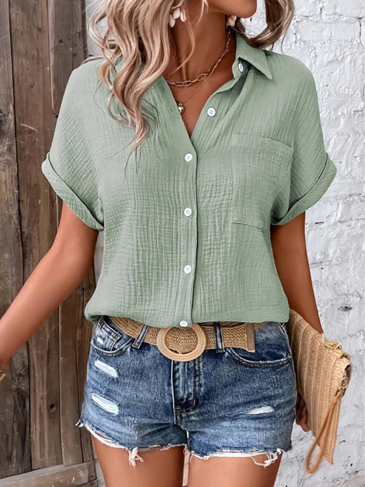 Women's Casual Cotton Blouse — Short Sleeve Button-Down Shirt