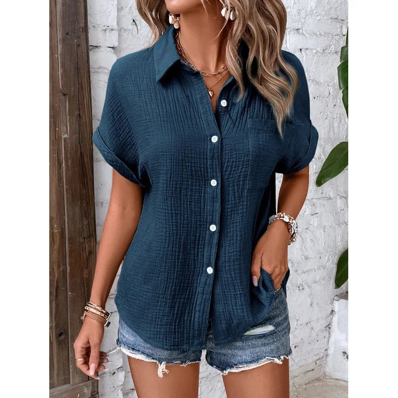 Women's Casual Cotton Blouse — Short Sleeve Button-Down Shirt