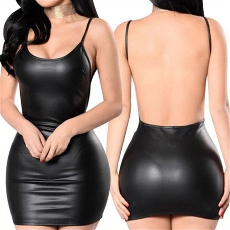 Faux Leather Backless Bodycon Push Up Dress
