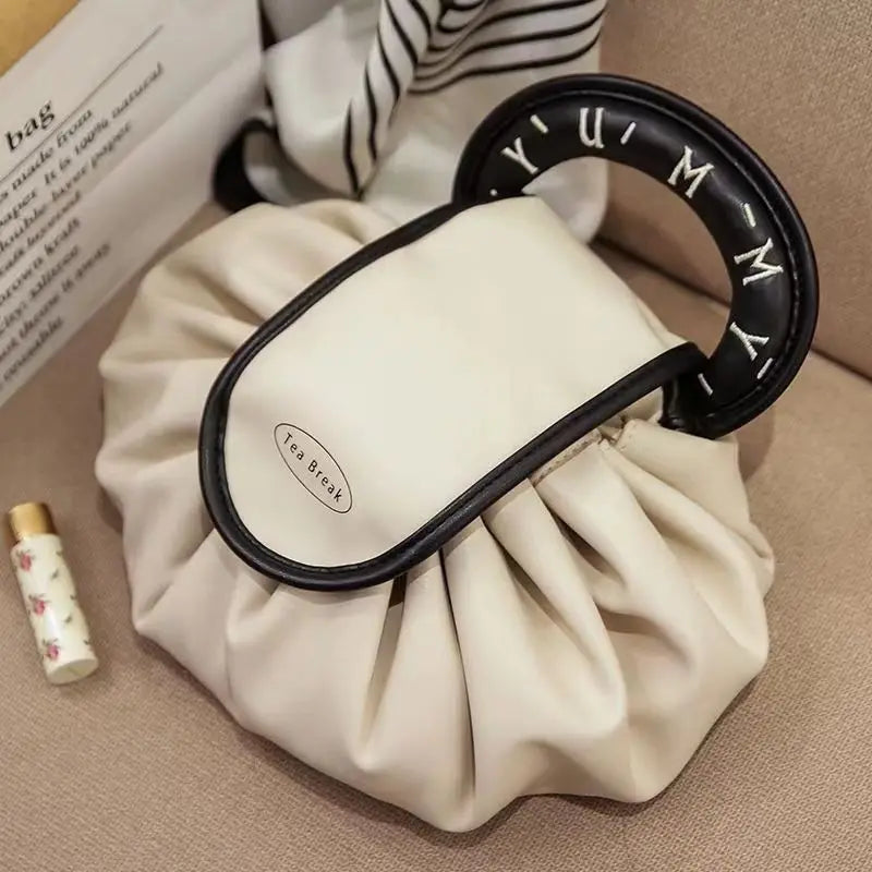 Large Drawstring Makeup Bag — PU Cosmetic Storage Pouch