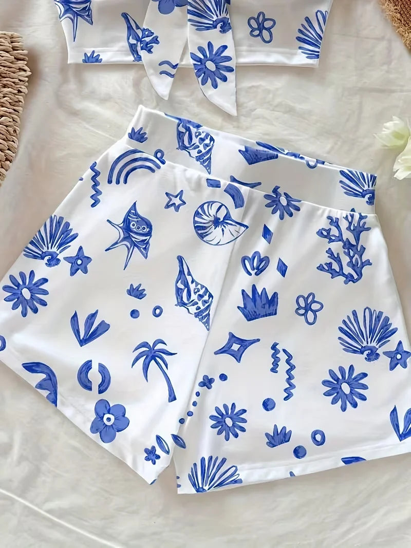 Women's summer casual beach style twisted front top and shorts two-piece set