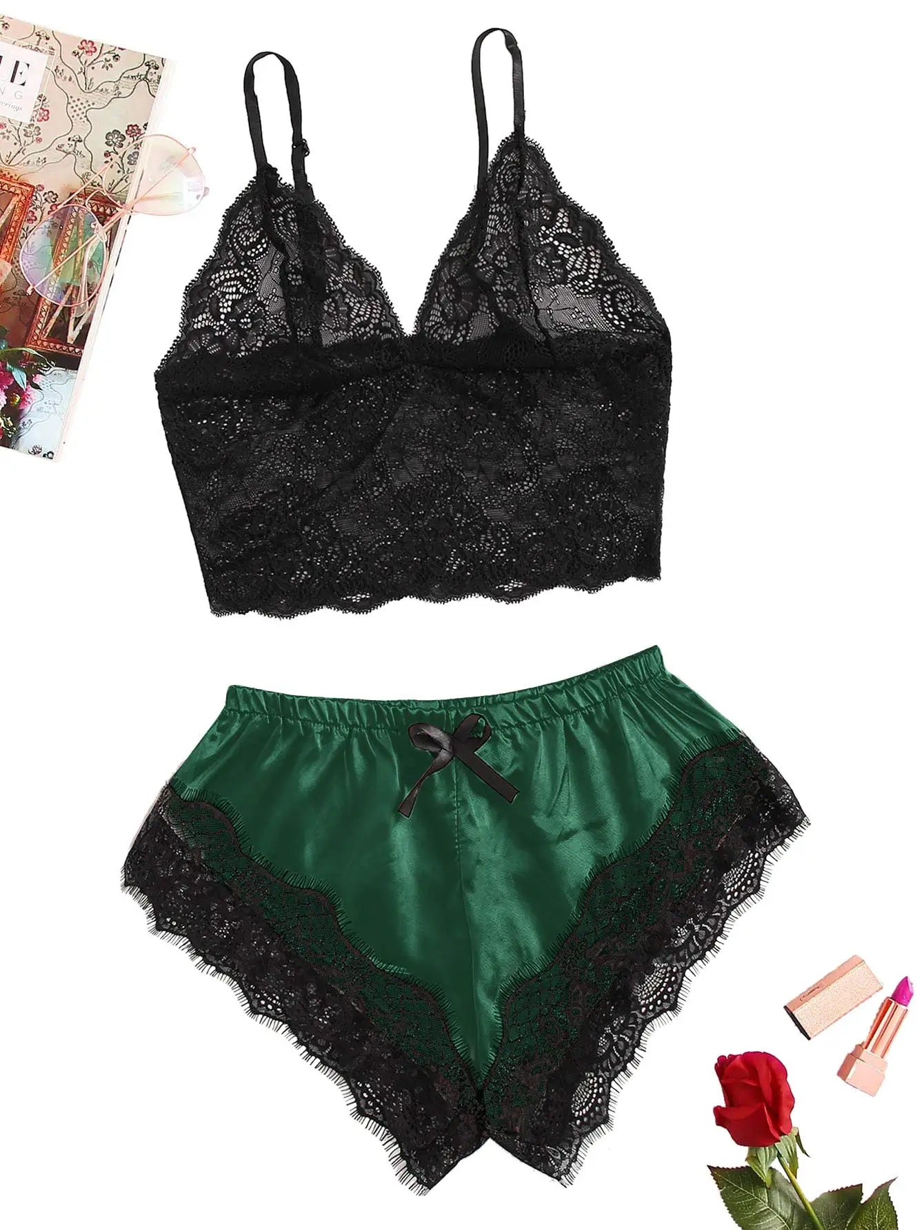 Women's Satin Lace Pajama Set — Cami Top & Shorts (Plus Size L–2XL)