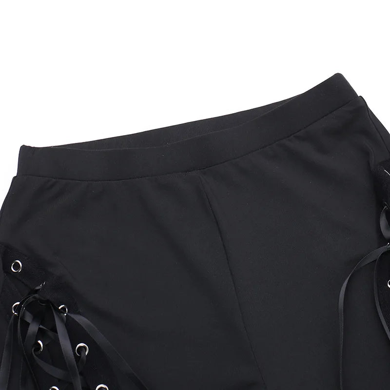 Goth Streetwear Black Bandage Hollow Out Flare Pant