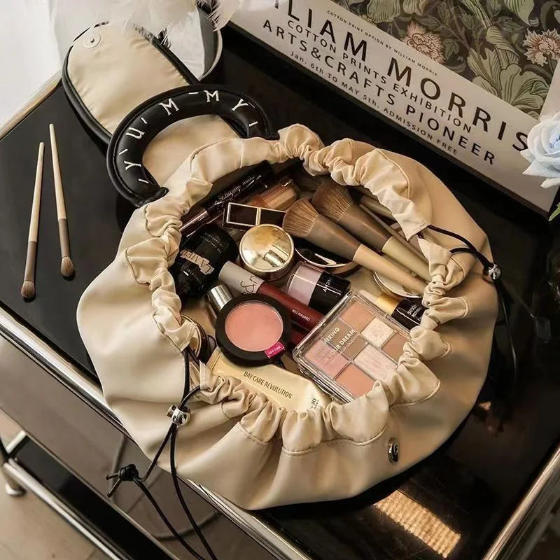 Large Drawstring Makeup Bag — PU Cosmetic Storage Pouch