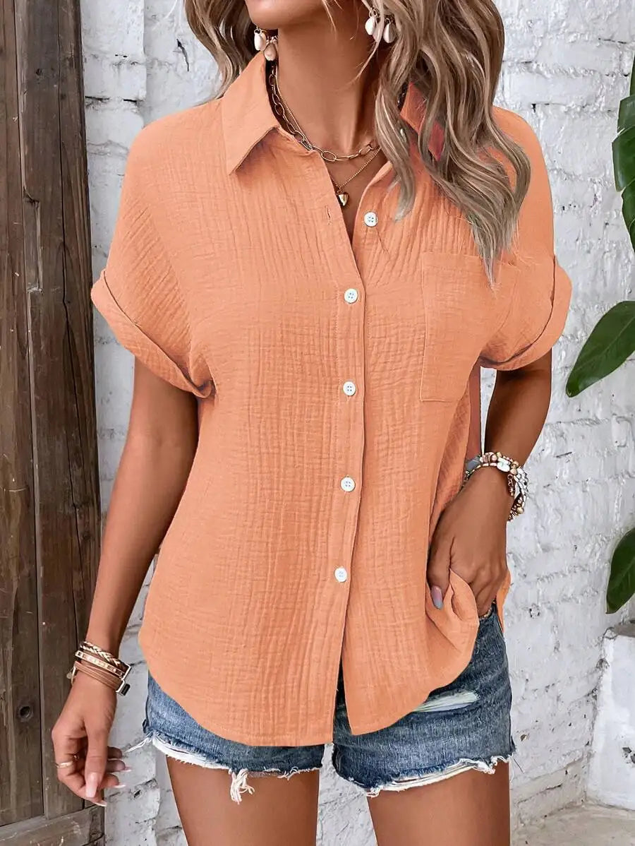 Women's Casual Cotton Blouse — Short Sleeve Button-Down Shirt