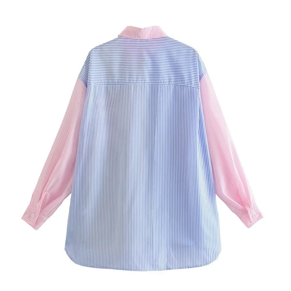 Women's Colorblock Striped Tunic Shirt — Long Sleeve Button-Up Top