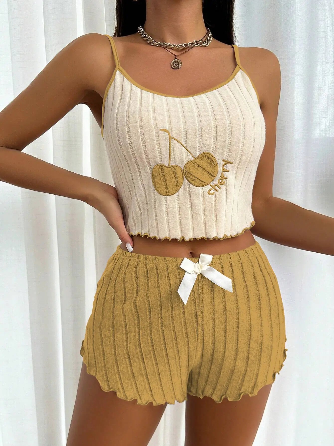 Women's Cherry Ribbed Cami Pajama Set — Ruffle Shorts Loungewear