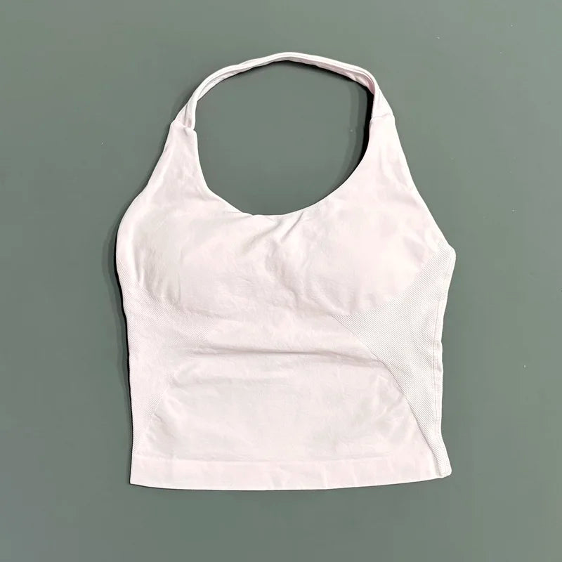 Seamless Longline Strappy Sports Tank — Halter Neck Ruched Backless Activewear Top