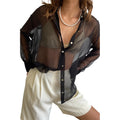Women's See-Through Chiffon Shirt — Lapel Long Sleeve Button-Up Top