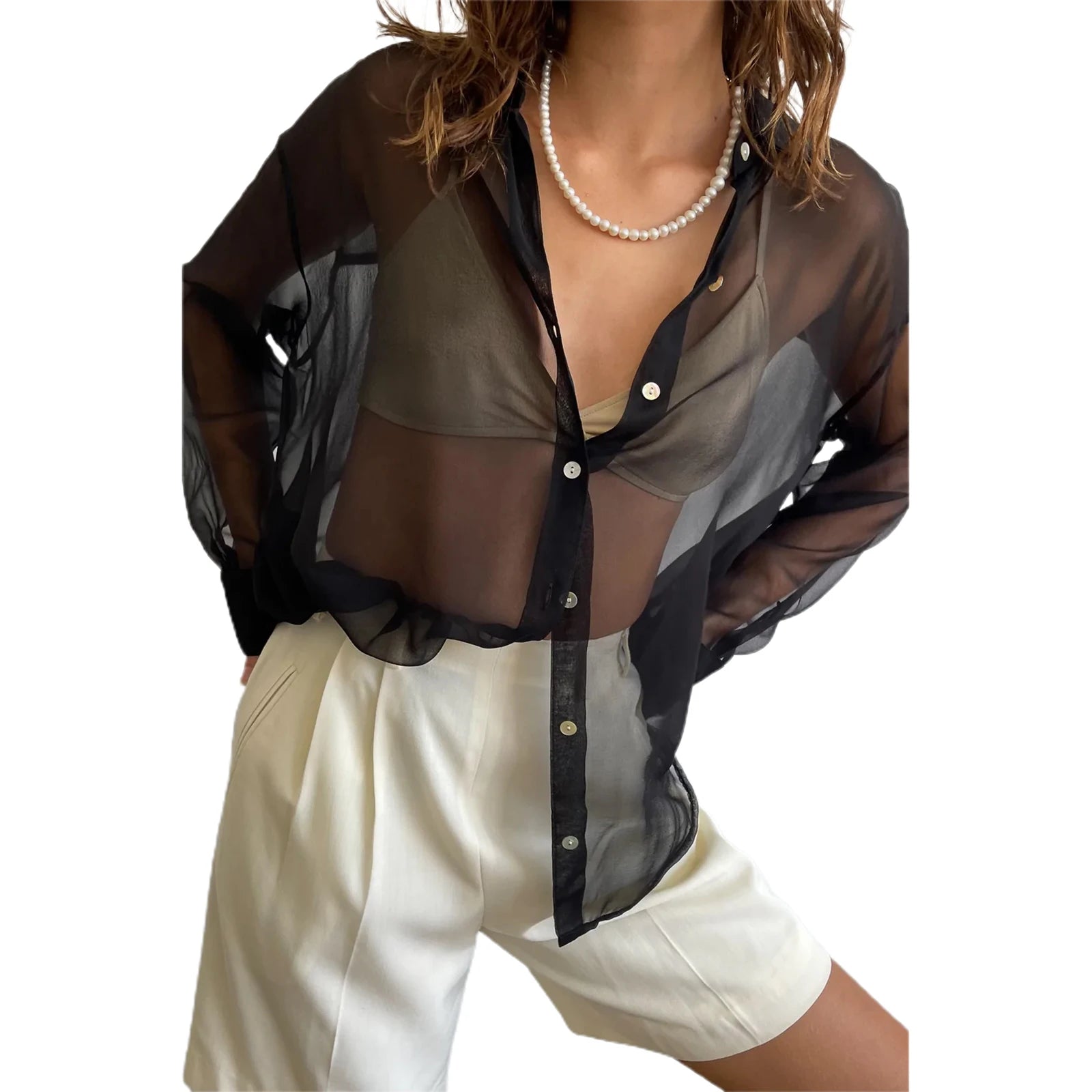 Women's See-Through Chiffon Shirt — Lapel Long Sleeve Button-Up Top