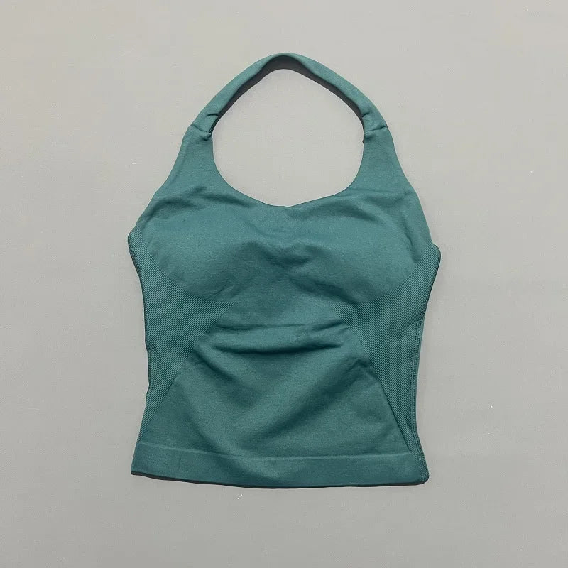 Seamless Longline Strappy Sports Tank — Halter Neck Ruched Backless Activewear Top