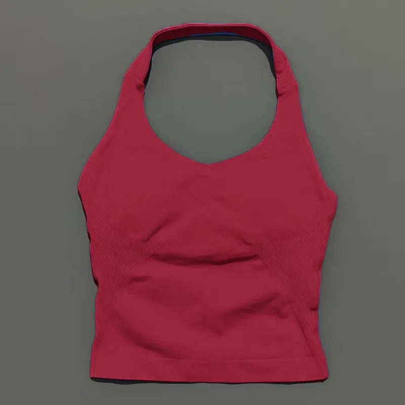 Seamless Longline Strappy Sports Tank — Halter Neck Ruched Backless Activewear Top