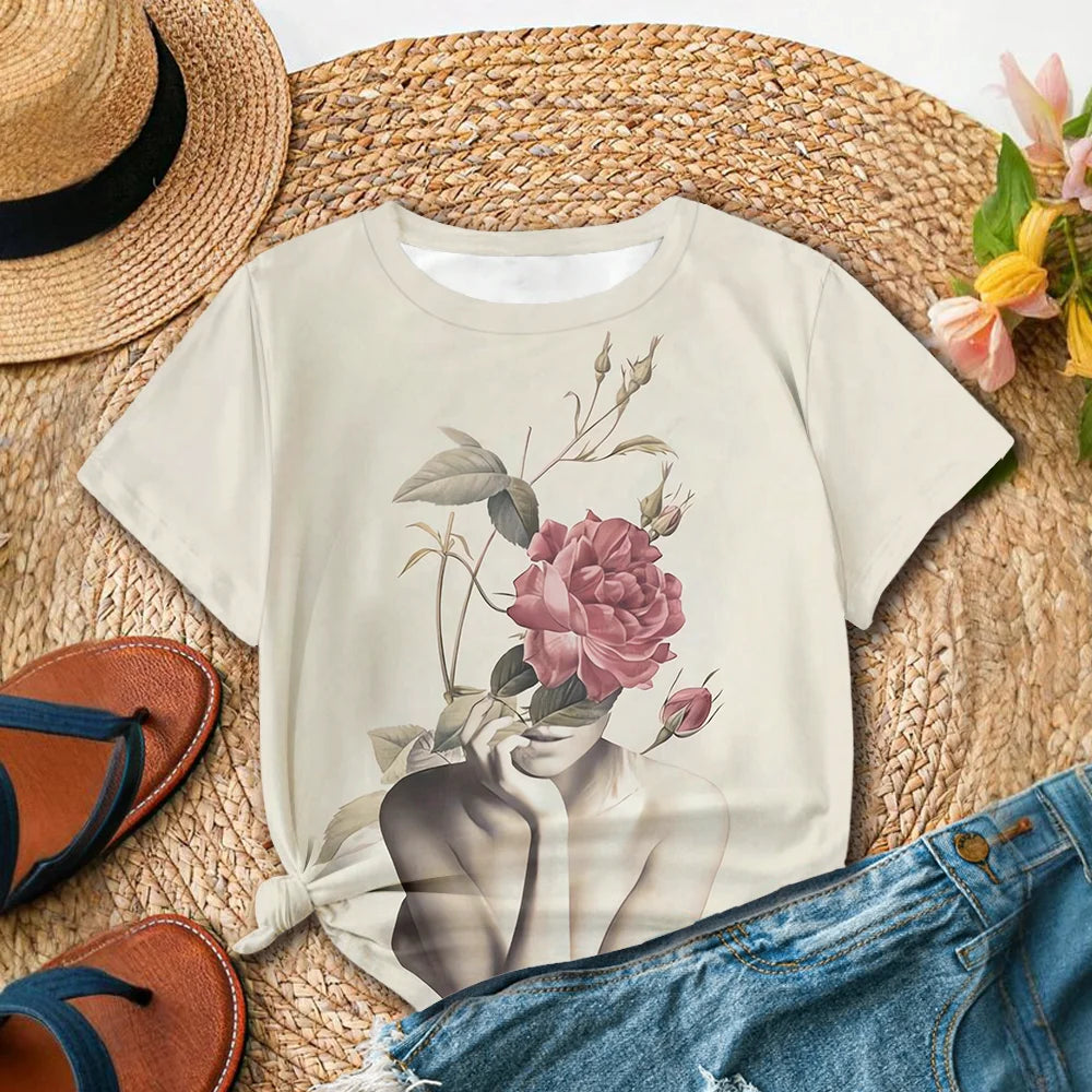 Women's Floral Art Print T-Shirt — Oversized Short Sleeve Tee