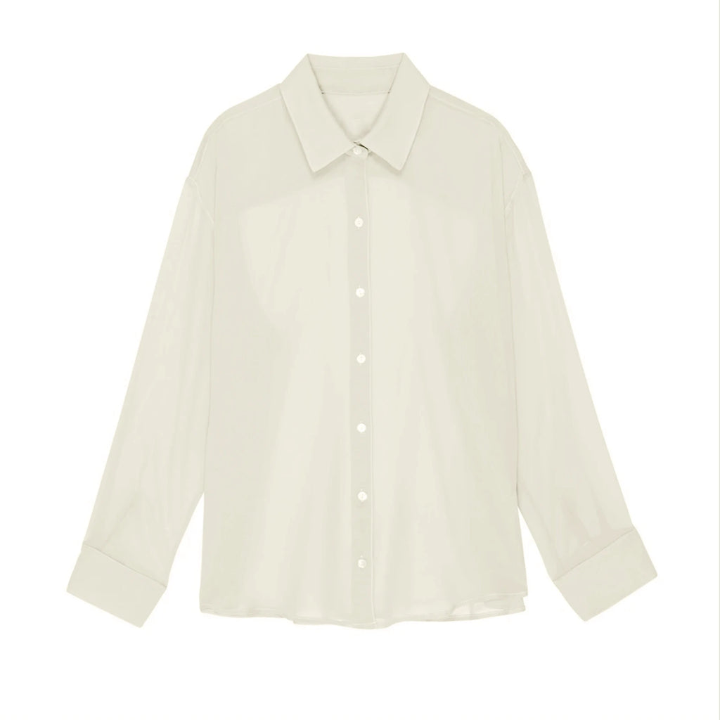Women's See-Through Chiffon Shirt — Lapel Long Sleeve Button-Up Top