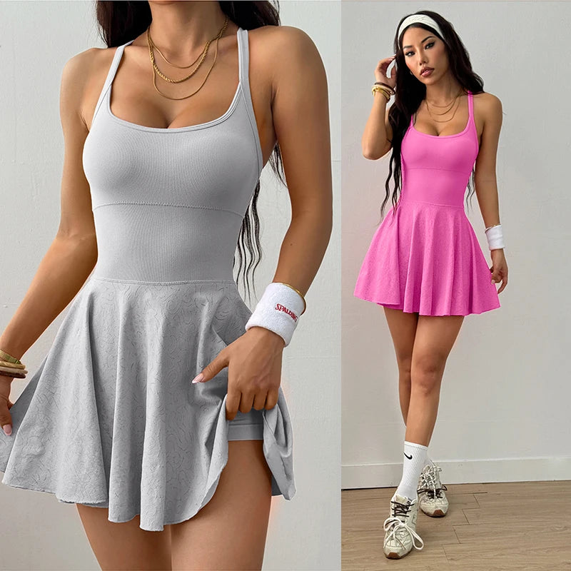 Quick-Dry Tennis Dress with Built-In Bra & Shorts — Sleeveless Backless Athletic Mini