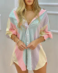 Women's Colorblock Striped Tunic Shirt — Long Sleeve Button-Up Top