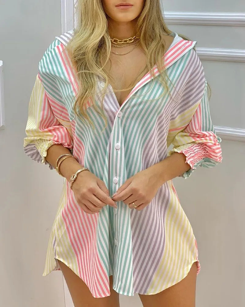 Women's Colorblock Striped Tunic Shirt — Long Sleeve Button-Up Top