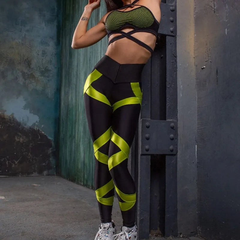 Mesh Lace-Up Sports Bra & High Waist Leggings Set | Women's Yoga Set