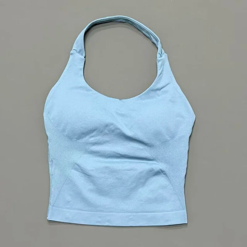 Seamless Longline Strappy Sports Tank — Halter Neck Ruched Backless Activewear Top