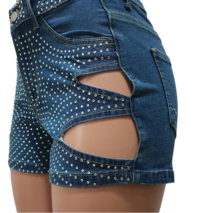 Rhinestone Cut-Out Denim Shorts