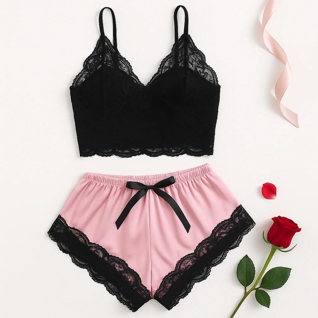 Women's Satin Lace Pajama Set — Cami Top & Shorts (Plus Size L–2XL)