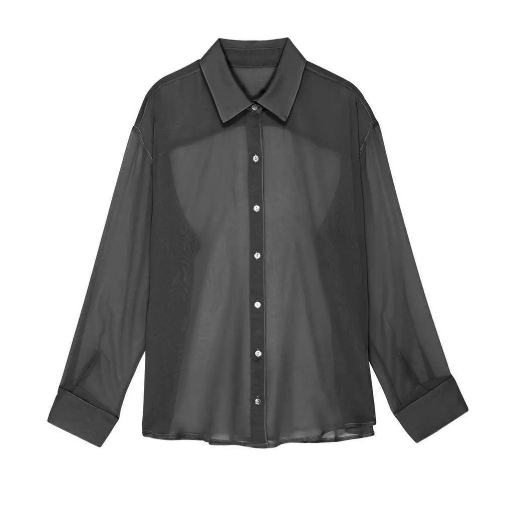 Women's See-Through Chiffon Shirt — Lapel Long Sleeve Button-Up Top