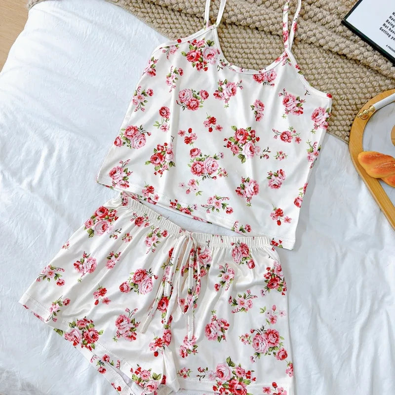 Women Casual Sleepwear Silk Top and Shorts Sets