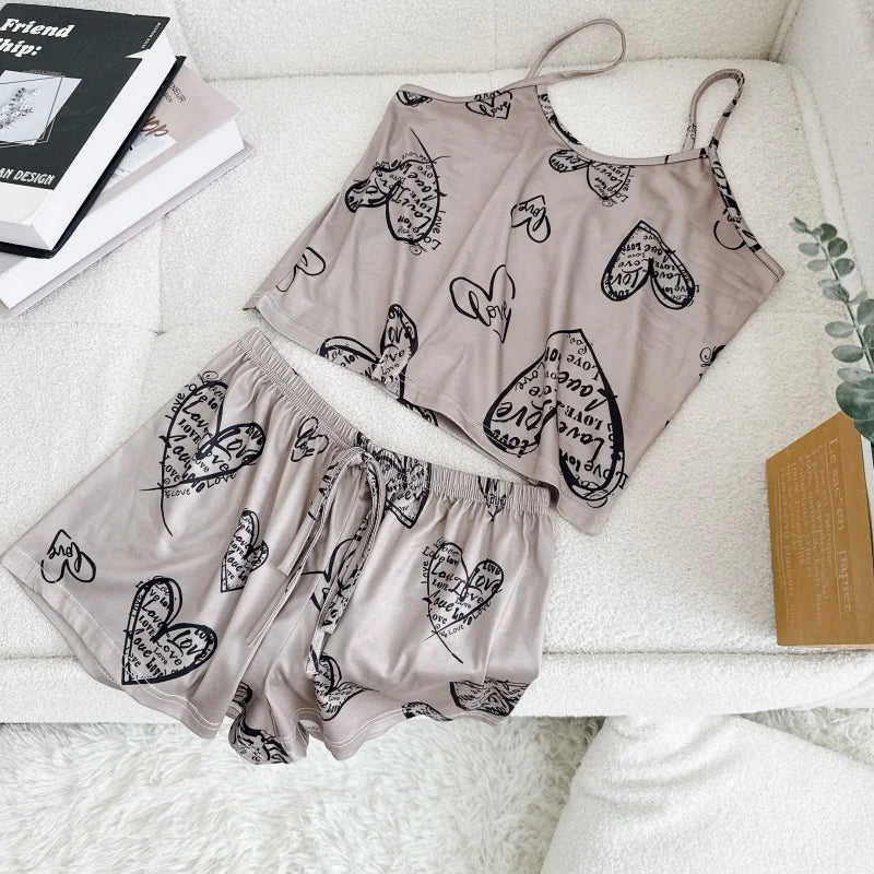 Women Casual Sleepwear Silk Top and Shorts Sets