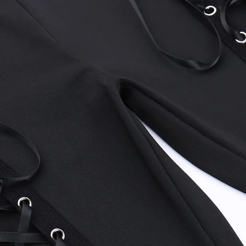 Goth Streetwear Black Bandage Hollow Out Flare Pant