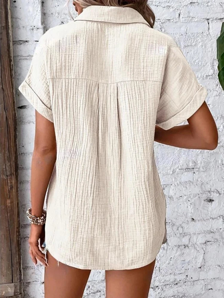 Women's Casual Cotton Blouse — Short Sleeve Button-Down Shirt