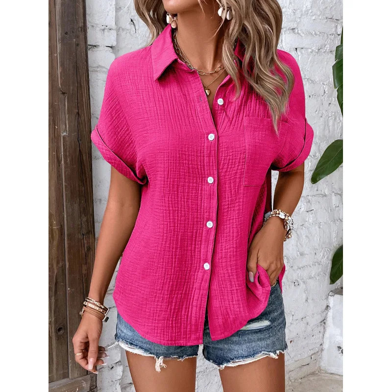 Women's Casual Cotton Blouse — Short Sleeve Button-Down Shirt