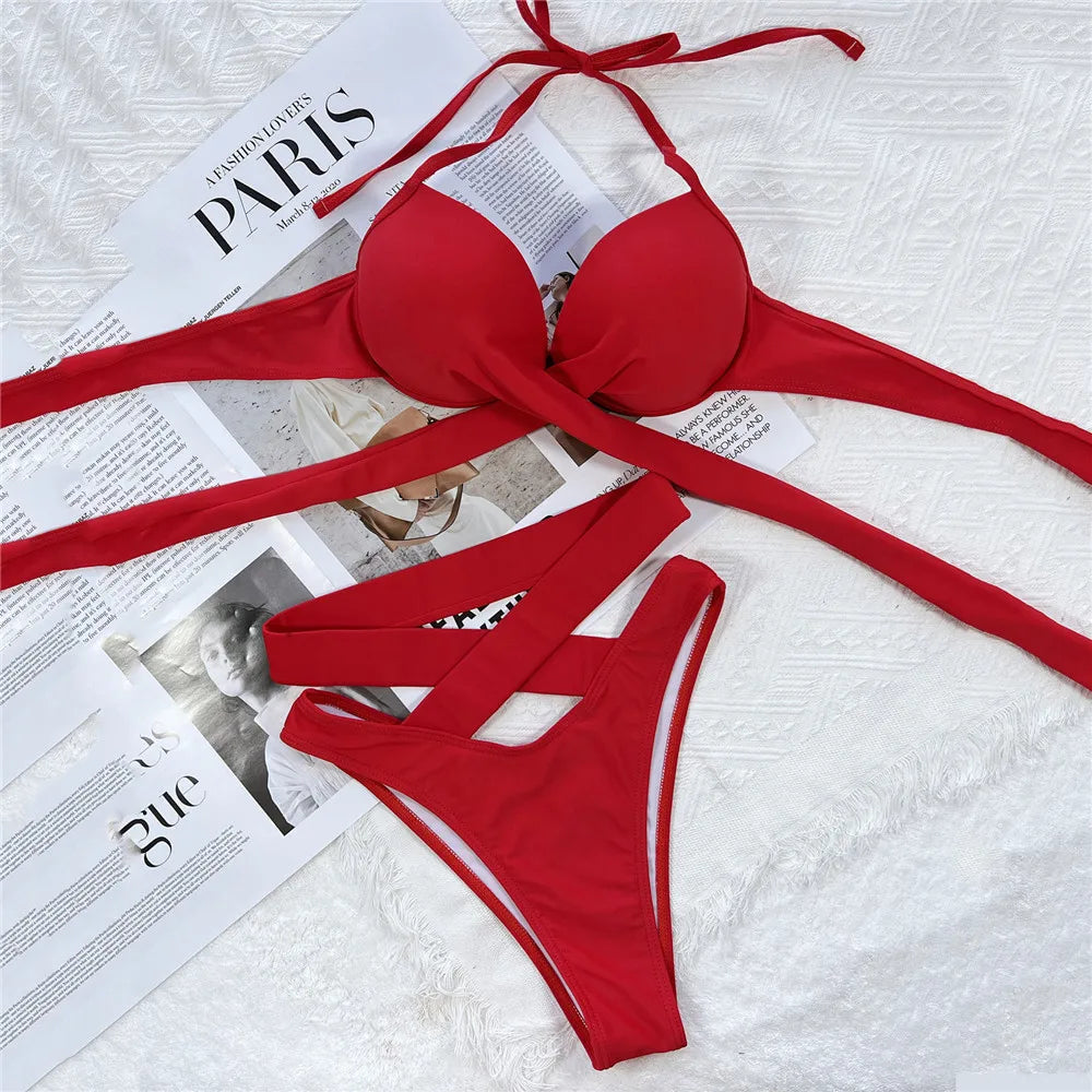 High Waisted Bandage Halter Bikini Set