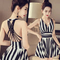 Women's Black & White Stripe One-Piece Swimsuit — Tummy Control Racerback