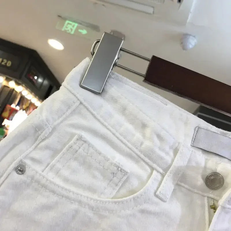 Women's High-Waist Ripped Denim Shorts with Embroidery Detail